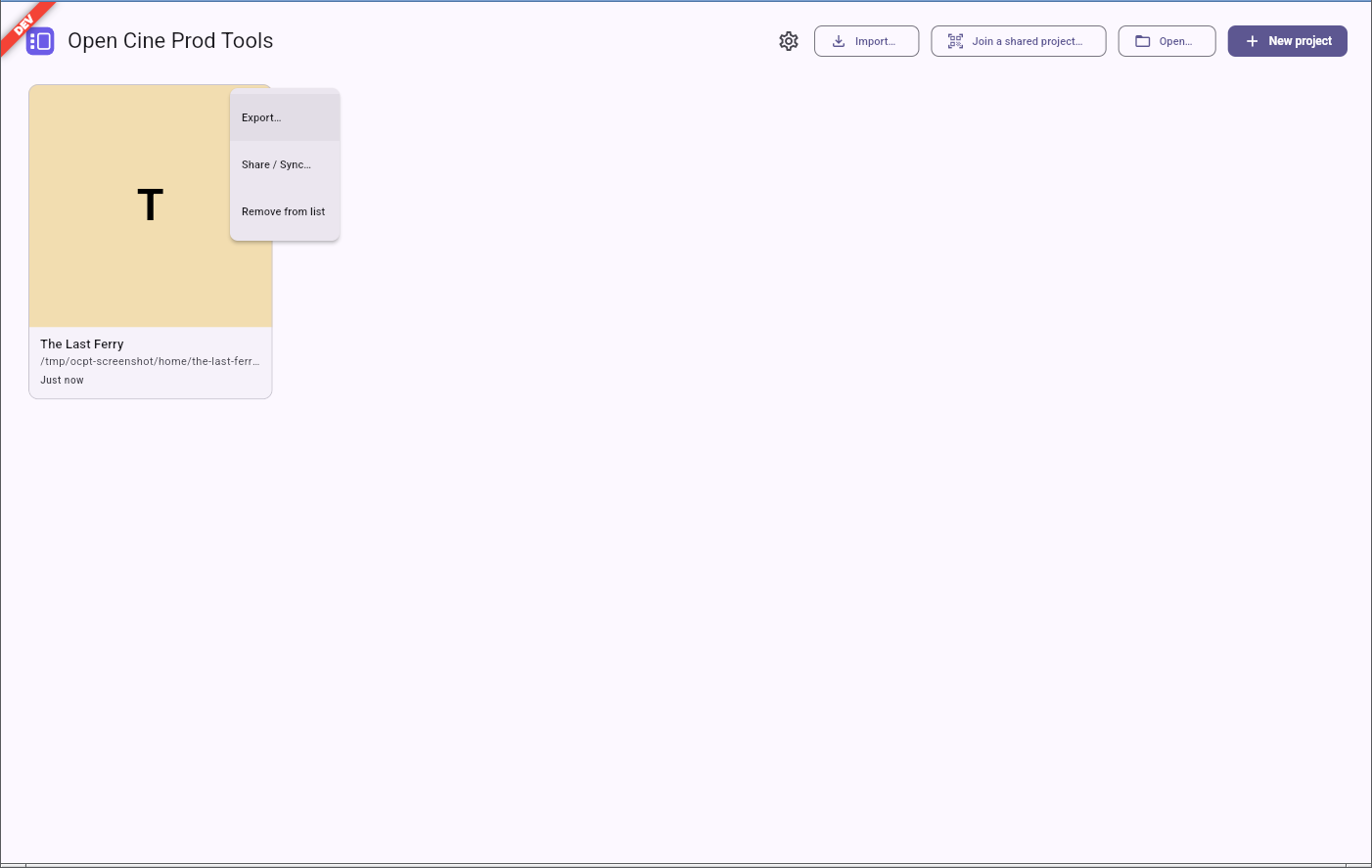 The project card's ⋮ menu open on Share / Sync…