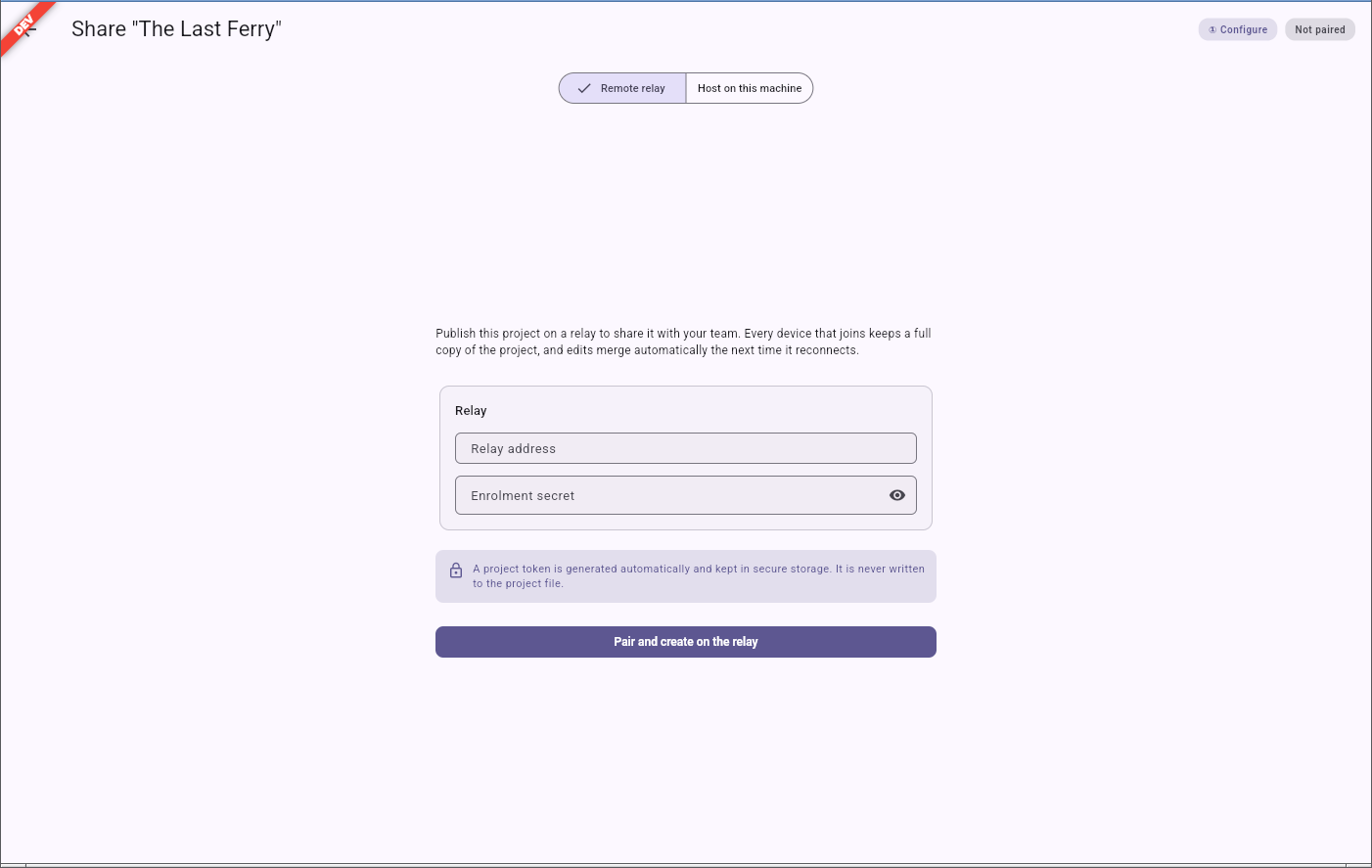 L'étape de configuration de l'écran de partage, relais distant